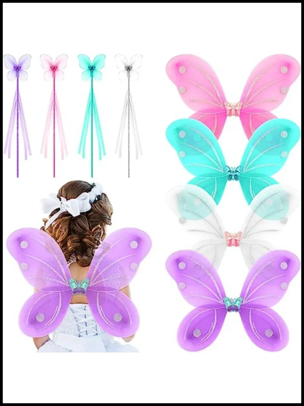 12 Sets Fairy Butterfly Wings with Wands, Pretend Play Costume Accessories for